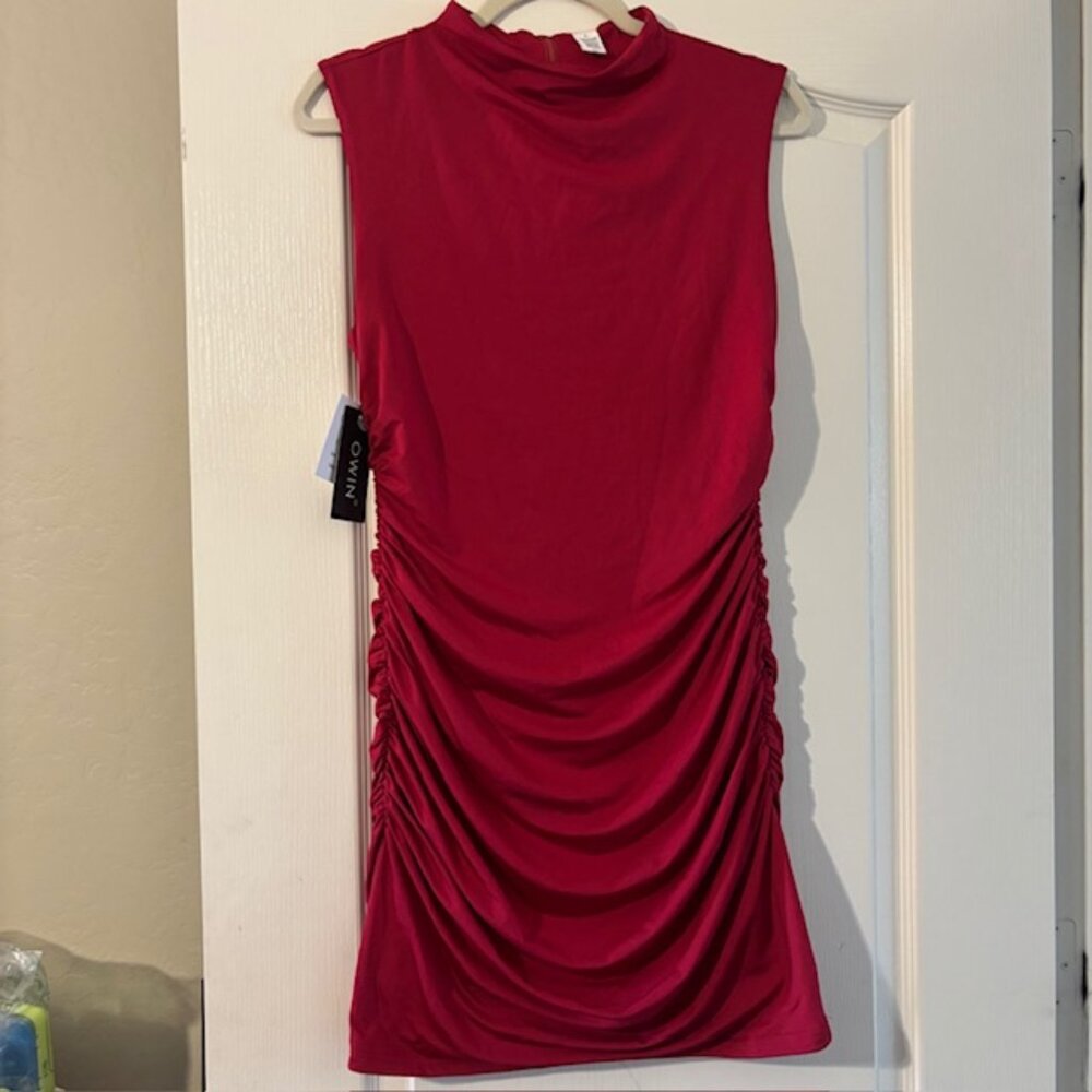 NWT Women's Sexy Casual Mini Mock Neck Dress Sleeveless Ruched Bodycon SZ L